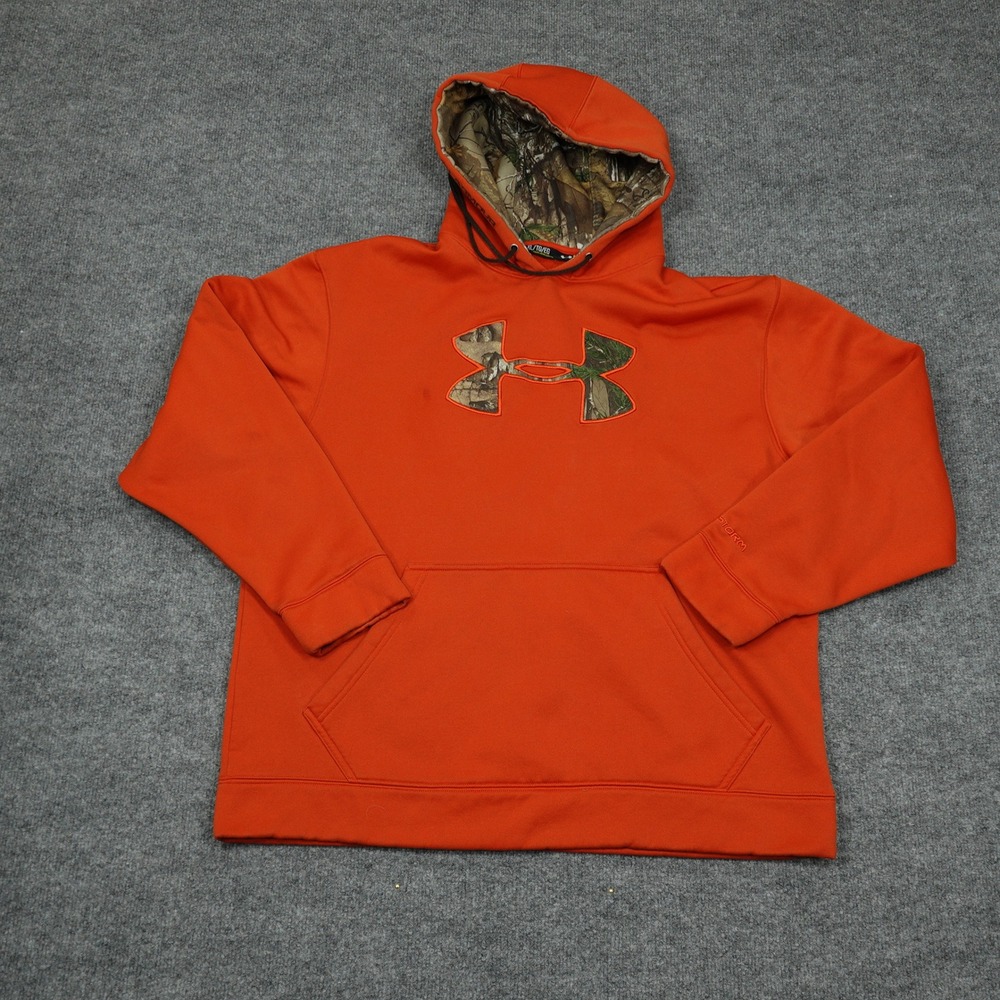 Under Armour Hoodie Mens XL Orange Camo Logo Storm Performance Fleece Pullover